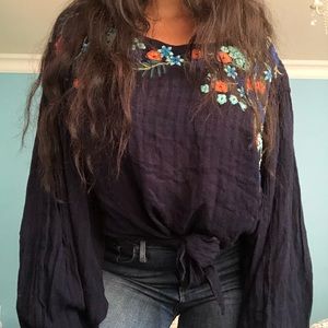 Free People Loose Navy Blue Bell-sleeved top